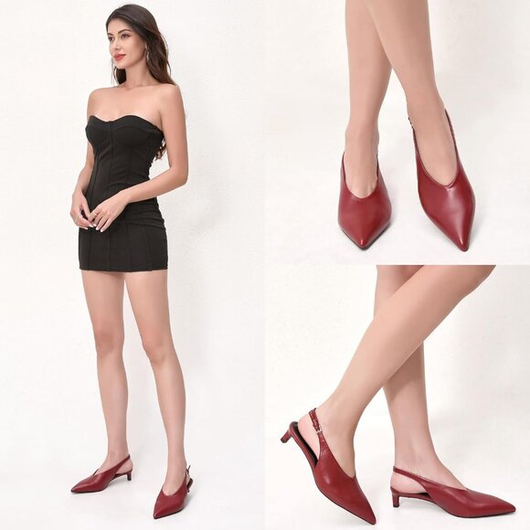 ⚡Women's Red Slingback  2 IN Kitten Heels Pointed Toe Low Heel Faux Leather - Picture 4 of 5
